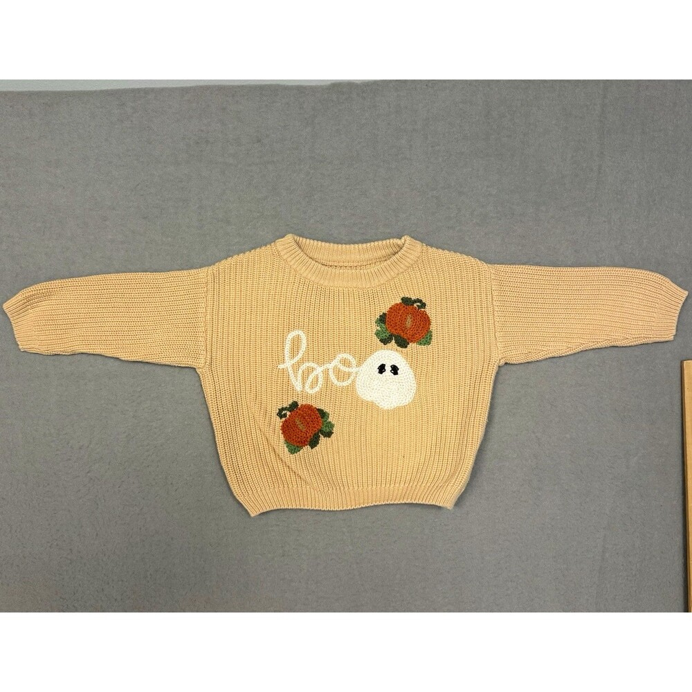 Halloween Ghost Pumpkin Knit Pullover Sweater Beige Embroidered Size 80